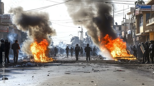 Burning barricades and smoke during intense street protest in urban environment