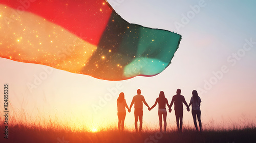 A Magical Juneteenth Celebration with Joyful Gatherings Under a Vibrant Flag Signifying Unity and Freedom at Sunset.