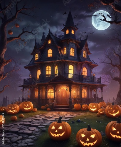 Colorful Halloween bash invitation with haunted house and pumpkins, spooky, invitation, vintage