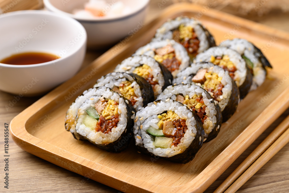 Gimbap or kimbap, Korean food made from cooked rice with vegetables, meat, egg and wrapped with dried seaweed Gimbap or kimbap, Korean food made from cooked rice with vegetables, meat, egg and wrapped with dried seaweed