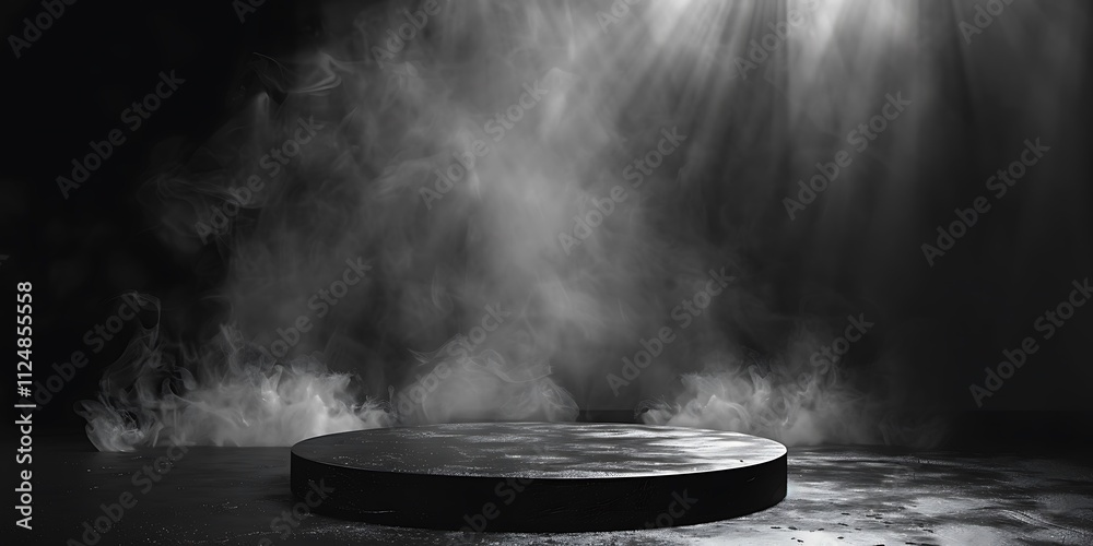 Black podium on a black background with smoke Black podium on a black background with smoke