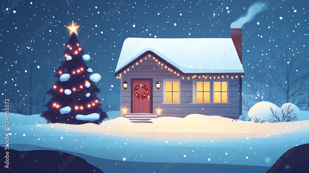 illustration flat design style cozy log cabin in a snowy mountain forest illustration flat design style cozy log cabin in a snowy mountain forest