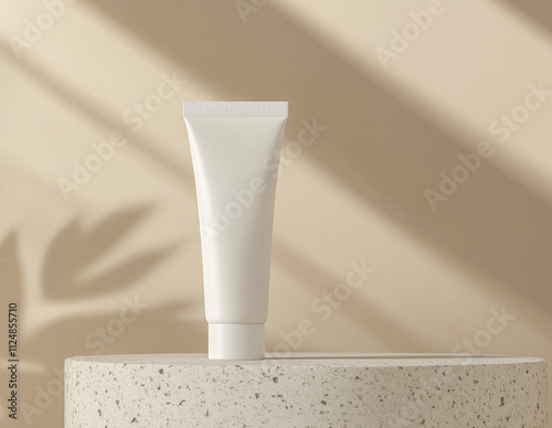 Mockup of cosmetic tube cream 50ml on stone stand on beige background minimalist with green leaves. Natural hard lighting and shadows, wabi sabi style