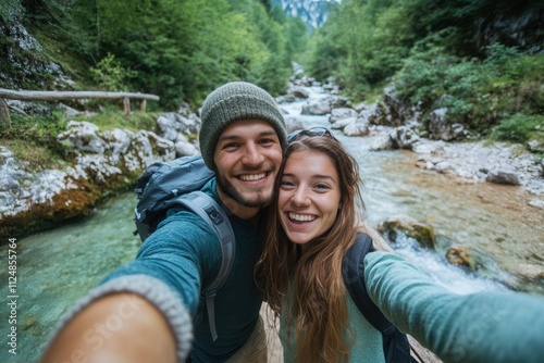 Wallpaper Mural Smiling young caucasian couple hiking by river in forest. Torontodigital.ca