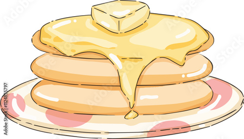 vector illustration of stack of pancakes with butter and poured maple syrup, for breakfast symbol, cute sticker and doodle for kids, isolated on transparent background 