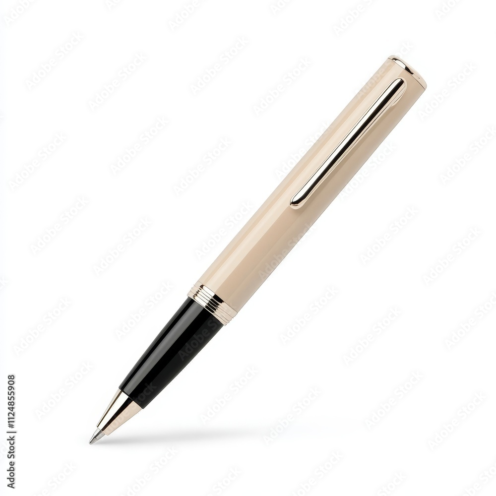 Precision Rollerball Pen with Bold Black Ink Line - Photorealistic Metallic Barrel Reflecting Light, Smooth Writing Motion on Paper Precision Rollerball Pen with Bold Black Ink Line - Photorealistic Metallic Barrel Reflecting Light, Smooth Writing Motion on Paper
