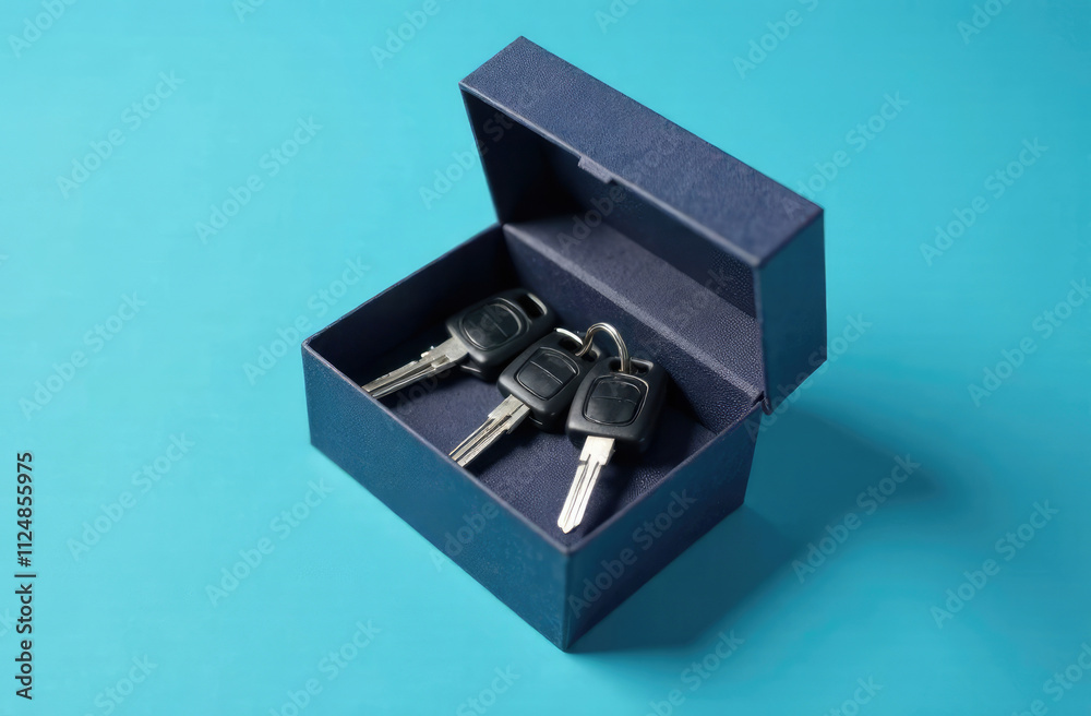 Car keys in an open gift box on a blue background Car keys in an open gift box on a blue background