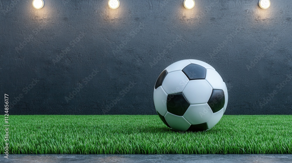 Obraz premium Soccer Ball on Green Grass with Decorative Lights in a Dark Setting