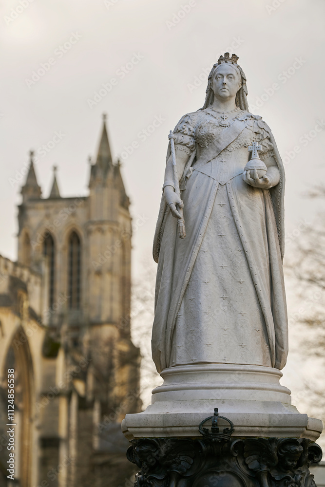 Statue Of Queen Victoria With Bristol Cathedral In Background UK Statue Of Queen Victoria With Bristol Cathedral In Background UK