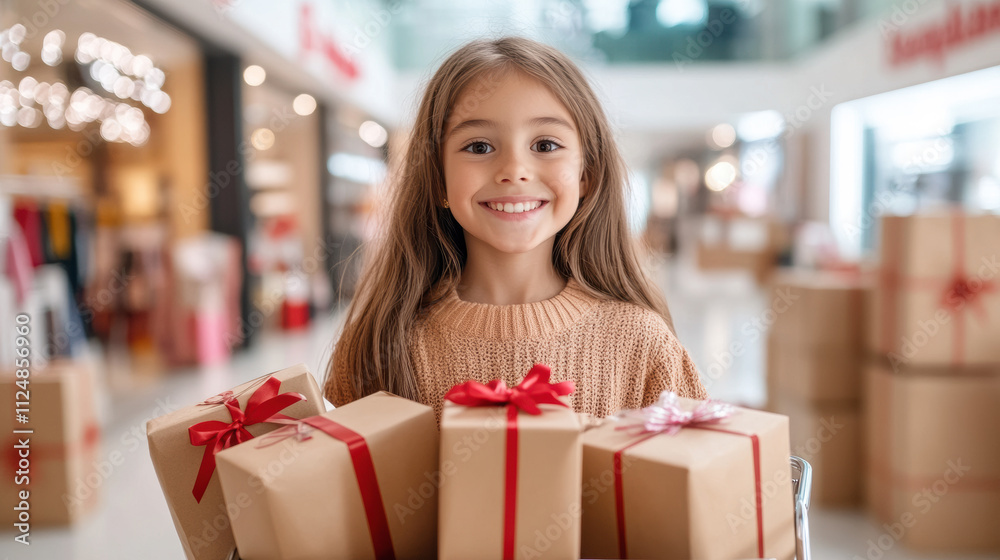 Young Girl Joyfully Holding Holiday Gift Boxes in a Shopping Mall During the Festive Season With a Bright Smile and a Cozy Sweater Young Girl Joyfully Holding Holiday Gift Boxes in a Shopping Mall During the Festive Season With a Bright Smile and a Cozy Sweater