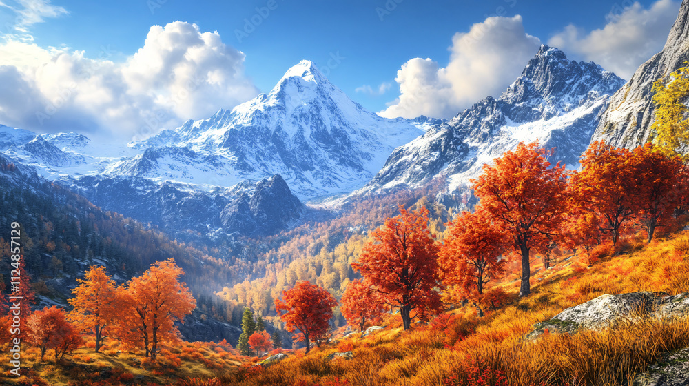 A breathtaking autumn scene in the Alps with misty valleys, fiery orange foliage, and towering mountain peaks covered in fresh snow. A breathtaking autumn scene in the Alps with misty valleys, fiery orange foliage, and towering mountain peaks covered in fresh snow.