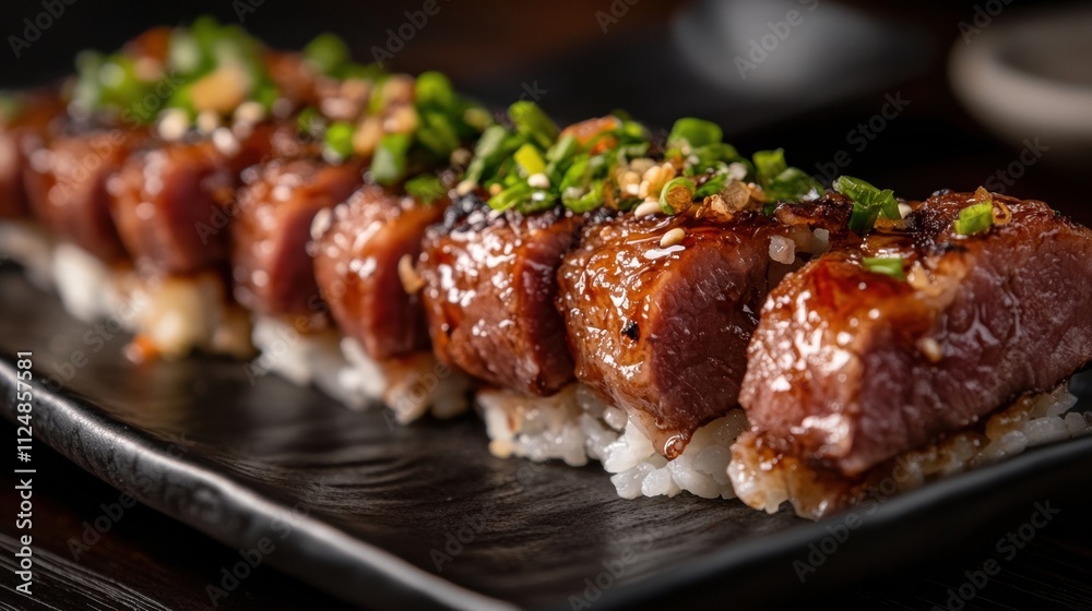Elegant Wagyu Sushi on a Sleek Plate Elegant Wagyu Sushi on a Sleek Plate