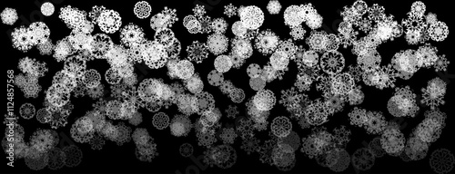 Abstract pattern of falling transparent snowflakes on a translucent background. Perfect for a banner, greeting card, Christmas or New Year card, invitation or wrapping paper