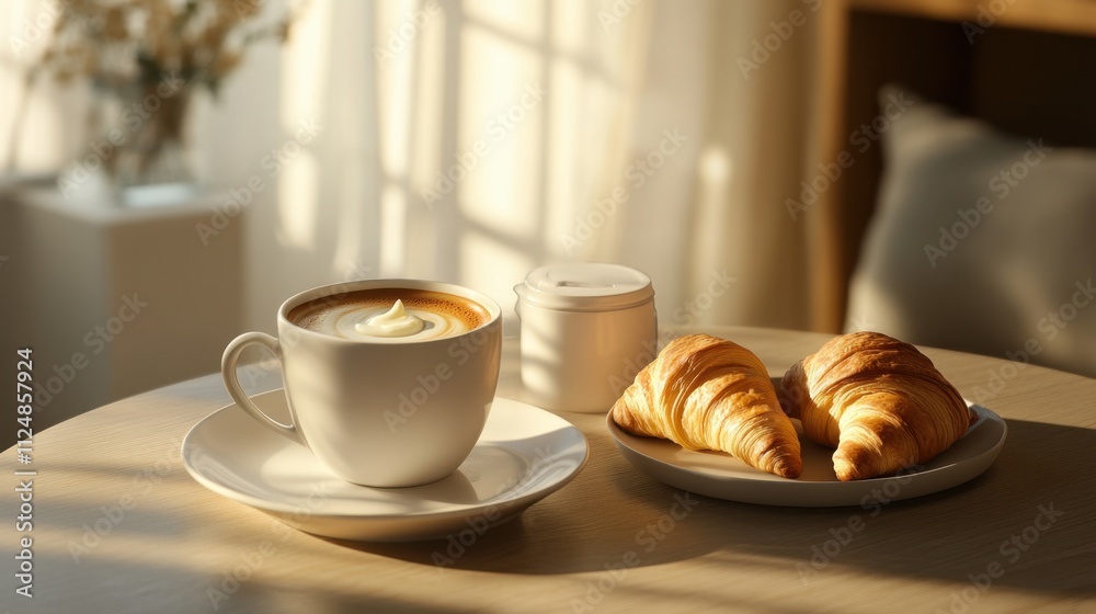 Steaming Cup of Coffee with Golden Croissants