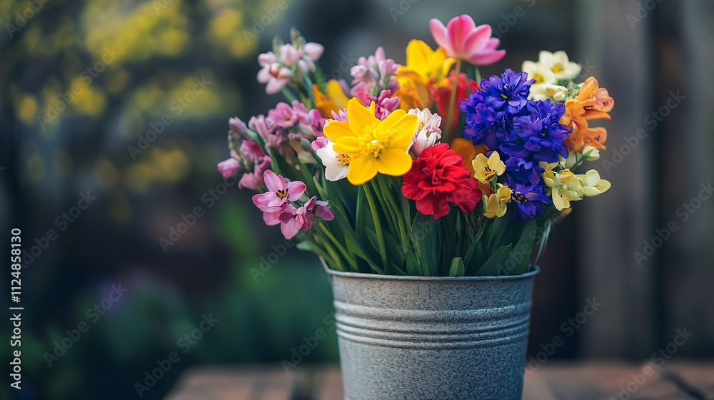 Colorful spring flowers blooming in a metal bucket Colorful spring flowers blooming in a metal bucket