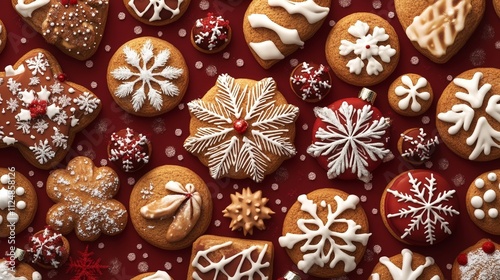 Christmas Background with Gingerbread Cookies, Cinnamon Sticks, and Snowflakes for Festive and Cozy Holiday Design photo