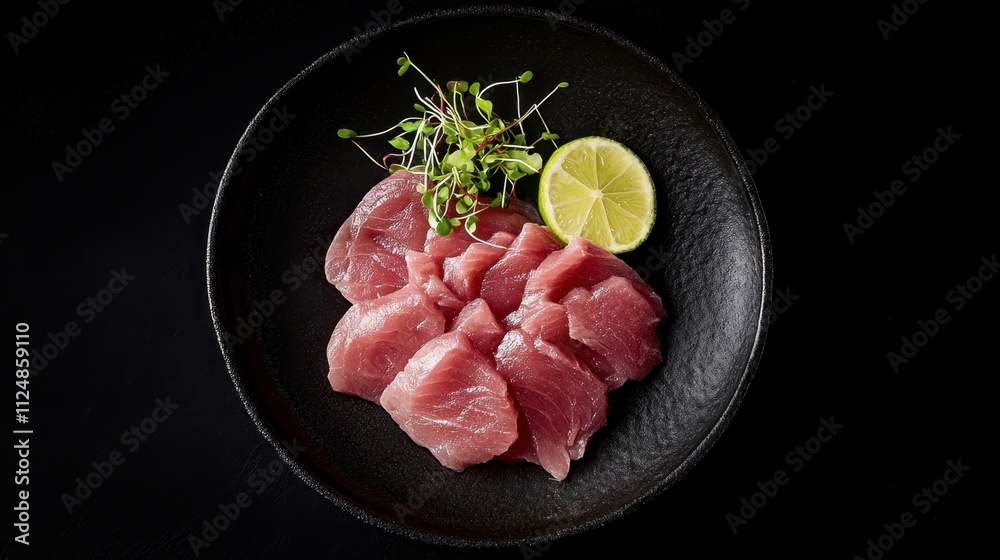 Perfectly Sliced Tuna Sashimi on Black Plate Perfectly Sliced Tuna Sashimi on Black Plate