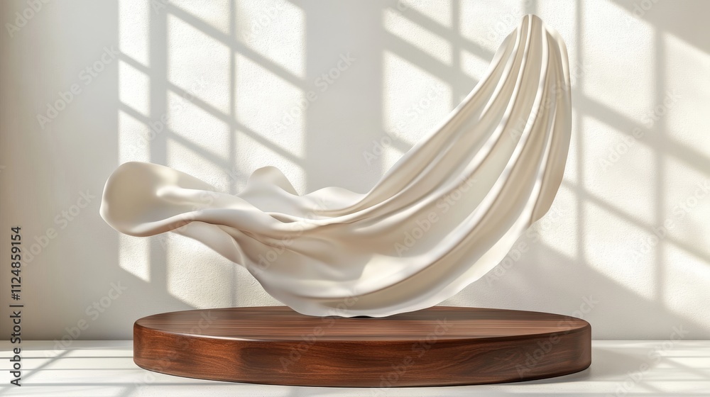 3D podium display with brown wood frame and flying silk, ideal for luxury feminine mockups. 