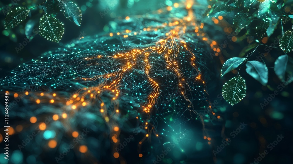 Digital network resembling tree roots with glowing connections and abstract branches, blending technology and nature in a harmonious blockchain-inspired design. Digital network resembling tree roots with glowing connections and abstract branches, blending technology and nature in a harmonious blockchain-inspired design.
