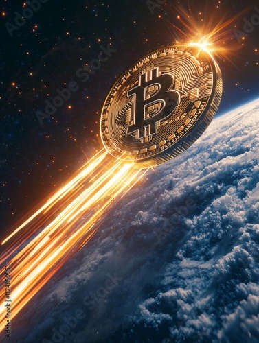 Golden Bitcoin blazing through space above Earth, symbolizing its unstoppable rise to an all-time high in value, representing global cryptocurrency success and innovation.