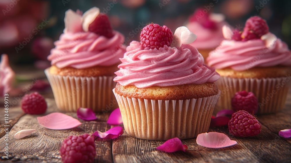 Sweet Cupcakes With Pink Frosting and Decorative Sprinkles on Rustic Wooden Table