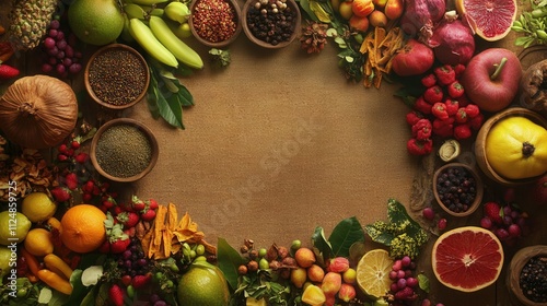 Wallpaper Mural Colorful assortment of fresh fruits and spices surrounding a burlap background. Torontodigital.ca