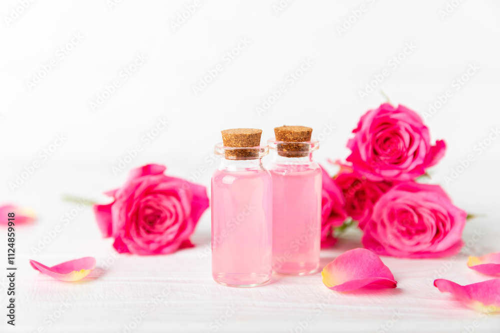Rose essential oil on a textured background.Roses and a bottle of rose perfumed water.Aromatherapy treatment. Beauty concept. Spa procedure.Natural organic oil.Anti-stress,detox relax.Place for text Rose essential oil on a textured background.Roses and a bottle of rose perfumed water.Aromatherapy treatment. Beauty concept. Spa procedure.Natural organic oil.Anti-stress,detox relax.Place for text