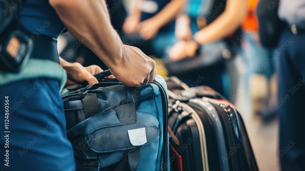 Security officer meticulously inspecting baggage at airport checkpoint, ensuring safety and compliance with travel regulations. Security officer meticulously inspecting baggage at airport checkpoint, ensuring safety and compliance with travel regulations.