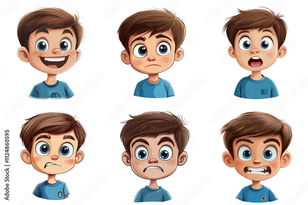 Photo collage of 6 children's emotions, boy aged 4-6 years old, cartoon illustration Photo collage of 6 children's emotions, boy aged 4-6 years old, cartoon illustration