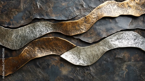 Abstract Metal Wave Art: Bronze, Silver, and Dark Stone photo