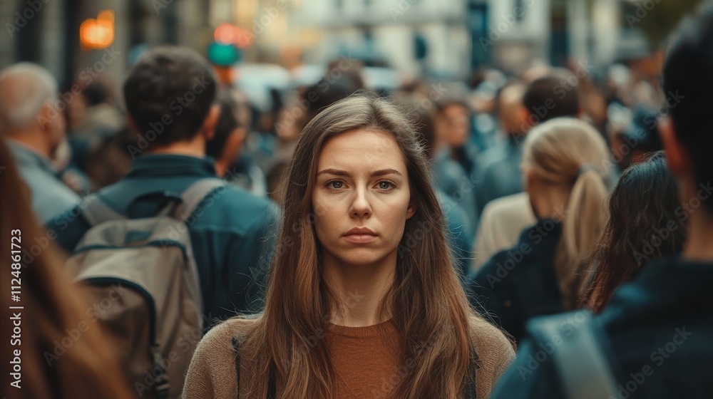 Confident Young Woman in Crowd Smiling While Walking in Bustling Urban Street During Daytime Confident Young Woman in Crowd Smiling While Walking in Bustling Urban Street During Daytime