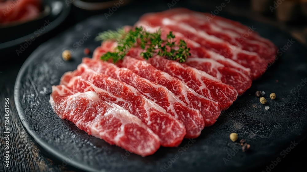 Thinly Sliced Wagyu Sushi on Black Plate Thinly Sliced Wagyu Sushi on Black Plate