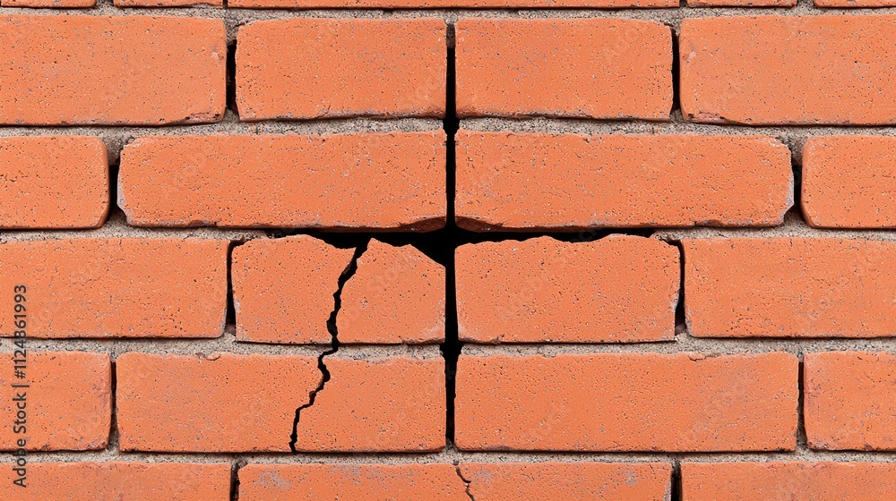 Cracked Red Brick Wall with Visible Gaps and Damage in Urban Construction Setting Cracked Red Brick Wall with Visible Gaps and Damage in Urban Construction Setting