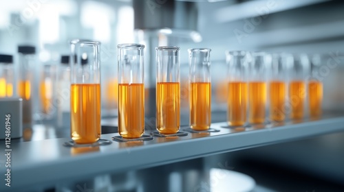 Glass Test Tubes With Orange Liquid in Scientific Laboratory With Soft Lighting