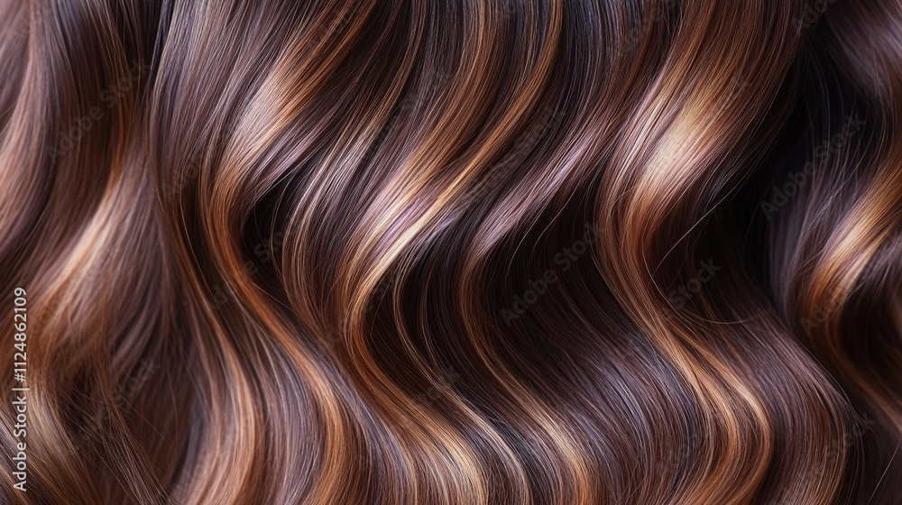 Close-Up of Woman's Wavy Hair With Warm Caramel Highlights Flowing in Natural Soft Waves in Professional Studio Lighting Close-Up of Woman's Wavy Hair With Warm Caramel Highlights Flowing in Natural Soft Waves in Professional Studio Lighting