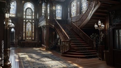 An image highlighting the grandeur of a Victorian foyer with a winding staircase, stained glass windows, and intricate architectural details.