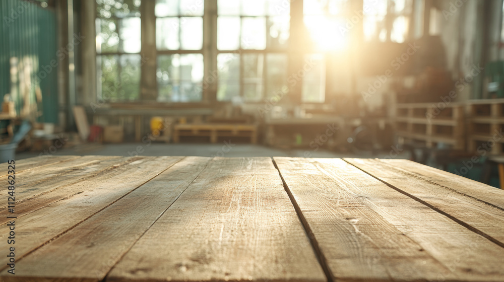 Wooden Table in a Sunlit Workshop With Large Windows During Early Morning Hours Providing a Warm and Inviting Atmosphere for Creative Projects Wooden Table in a Sunlit Workshop With Large Windows During Early Morning Hours Providing a Warm and Inviting Atmosphere for Creative Projects