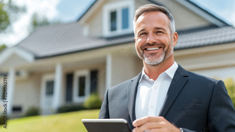 Smiling Real Estate Agent Holding a Tablet in Front of a Modern Suburban Home During a Bright Sunny Day Smiling Real Estate Agent Holding a Tablet in Front of a Modern Suburban Home During a Bright Sunny Day