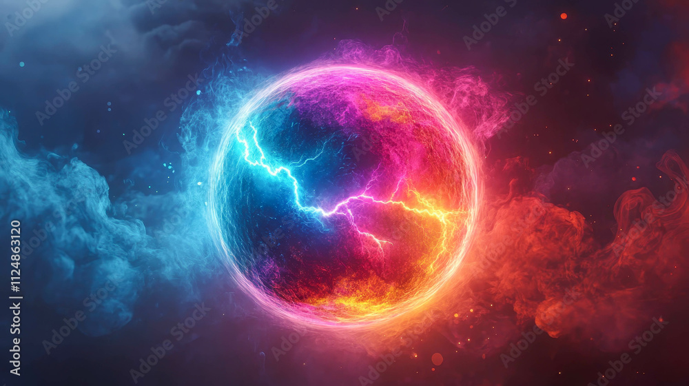 A sphere surrounded by streams of blue and red energy, giving the impression of confrontation or interaction of two opposing forces. A sphere surrounded by streams of blue and red energy, giving the impression of confrontation or interaction of two opposing forces.