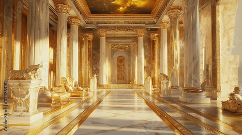 An image of the inside of a golden luxury palace with white marble and golden furnishings.