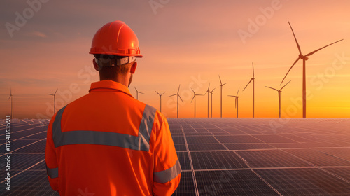 Worker Observes Solar Panels and Wind Turbines at Sunset, Highlighting Renewable Energy Solutions in a Sustainable Future