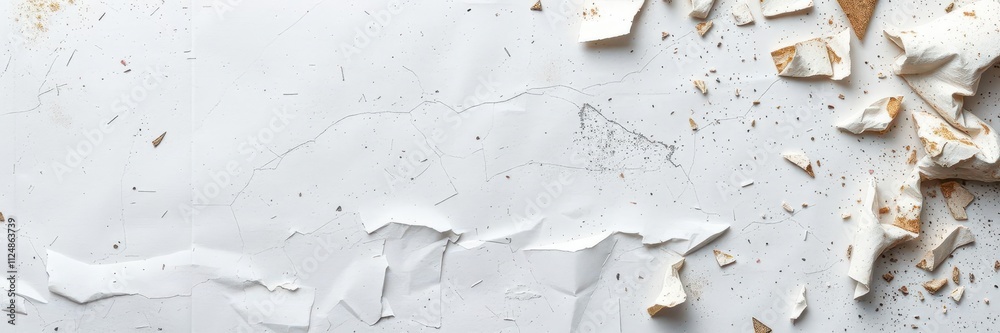 A close-up shot of a crumpled white paper poster with prominent wrinkles and creases, weathered, clutter, distressed A close-up shot of a crumpled white paper poster with prominent wrinkles and creases, weathered, clutter, distressed