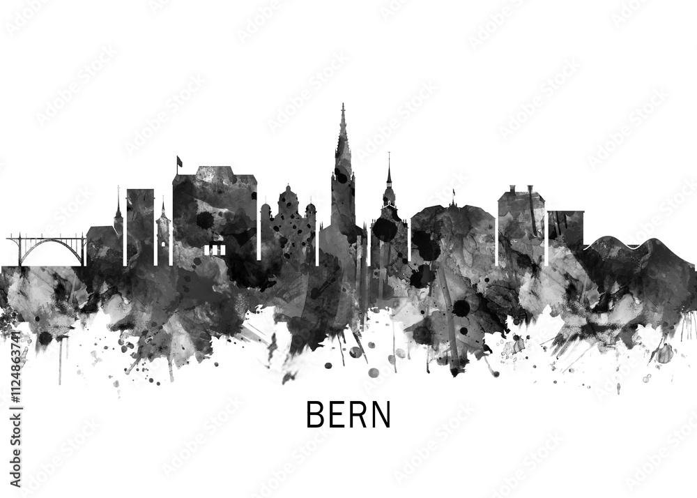 Obraz premium Bern Switzerland Skyline BW, cityscape buildings city skyline architecture illustration abstract modern painting travel poster landscape print urban art