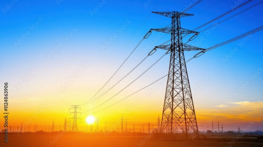 Fototapeta premium High Voltage Power Lines at Sunset