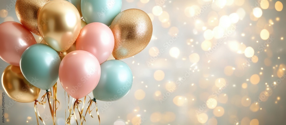 Festive Balloons with Glittering Bokeh Background for Celebrations and Parties Festive Balloons with Glittering Bokeh Background for Celebrations and Parties