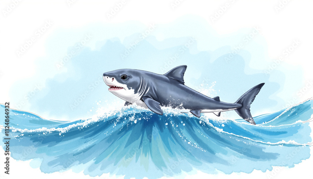 Obraz premium Cute baby shark jumping out of the water playfully against a bright blue watercolor background.