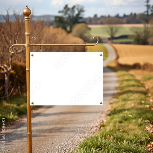 Rural countryside, empty white signpost, golden post, dirt path, rolling hills, fields, blurred background, autumn colors, rustic landscape, shallow depth of field, soft lighting, weathered fence, pas photo