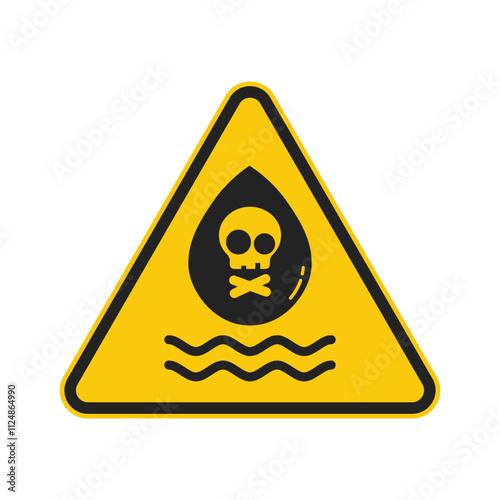 Triangle sign dangerous water area, polluted river, contaminated pool, hazard liquid chemical with skull and bones