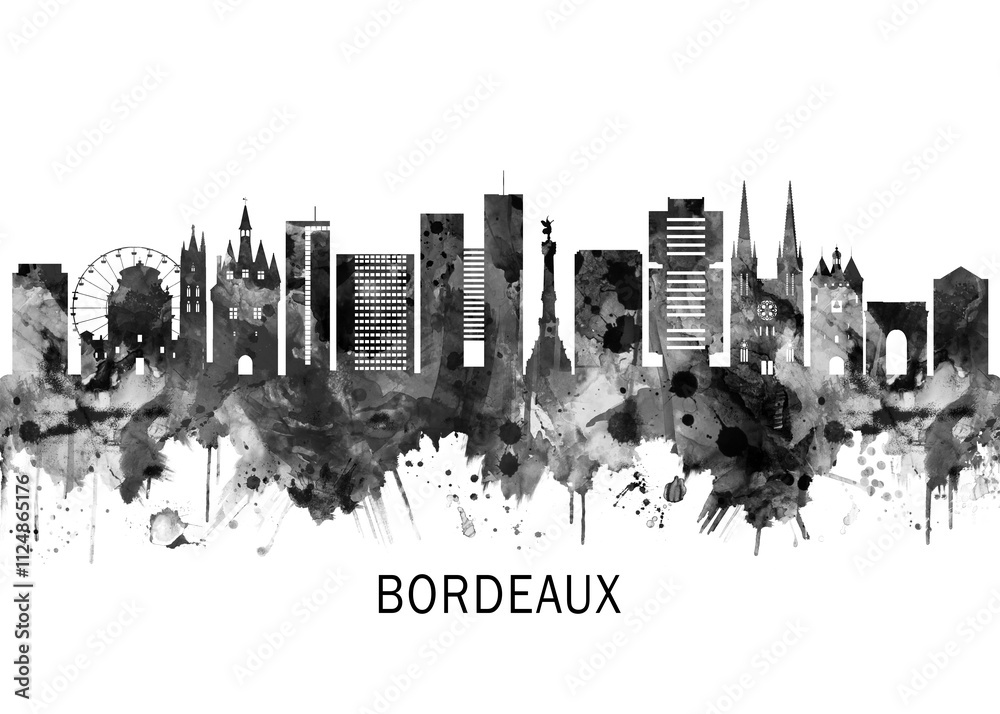 Obraz premium Bordeaux France Skyline BW, cityscape buildings city skyline architecture illustration abstract modern painting travel poster landscape print urban art