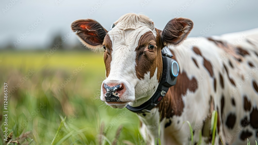 A close-up of a cow wearing a collar in a grassy field. A close-up of a cow wearing a collar in a grassy field.